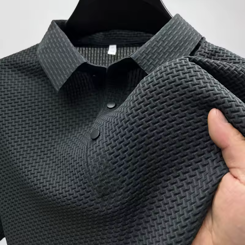 Camisa-Polo-Premium-Calviori-Anti-Amasso-Cinza-Tecido
