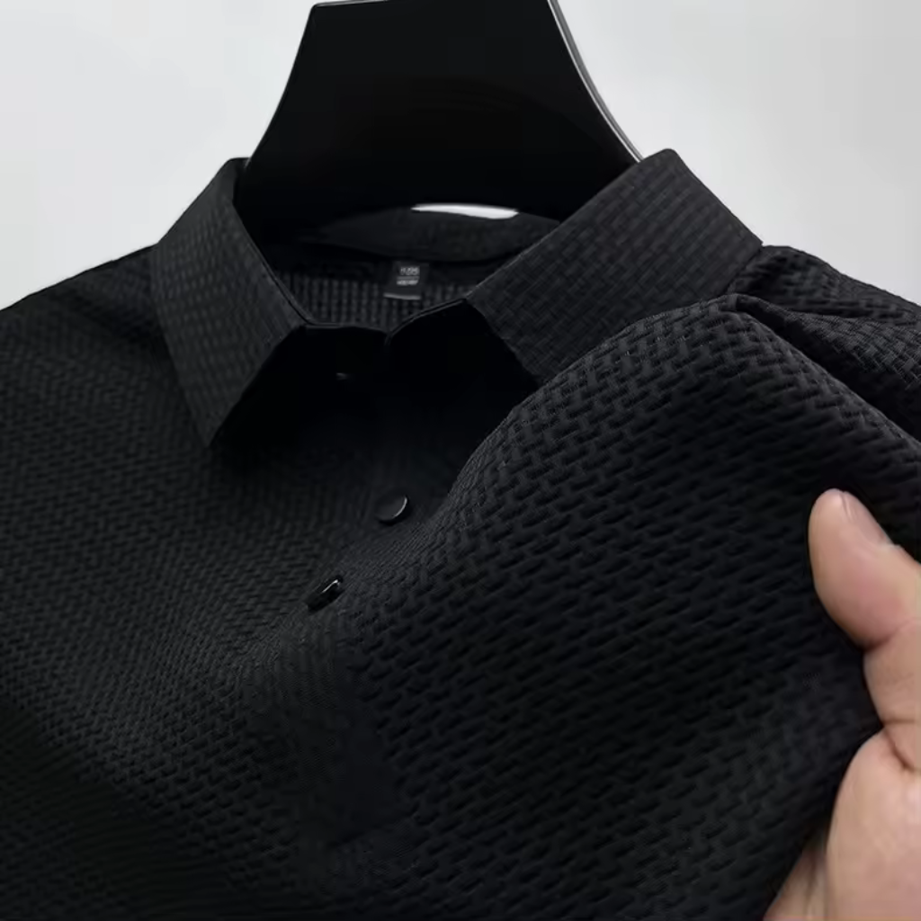Camisa-Polo-Premium-Calviori-Anti-Amasso-Preto-Tecido