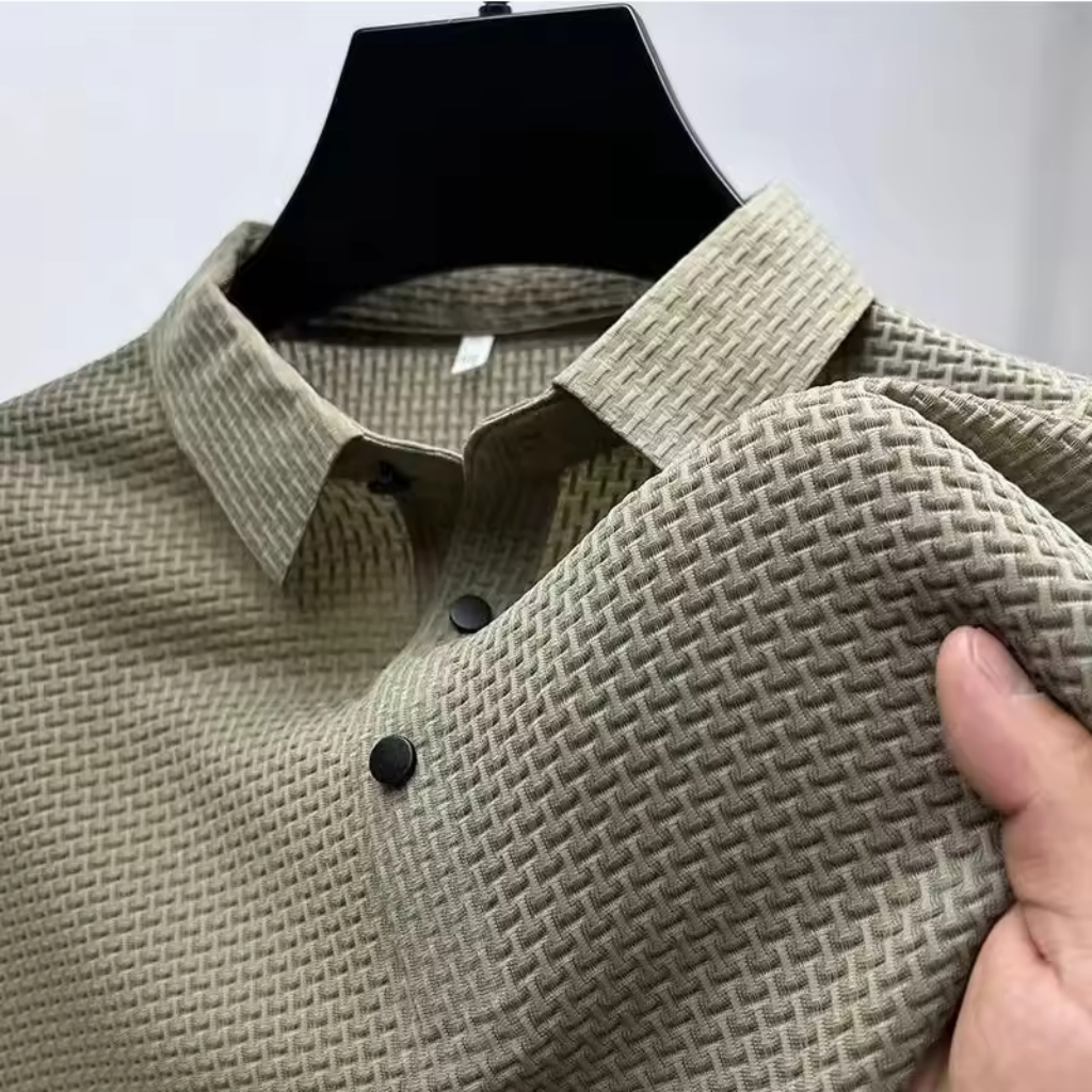 Camisa-Polo-em-Nylon-Calviori-Caqui-Tecido