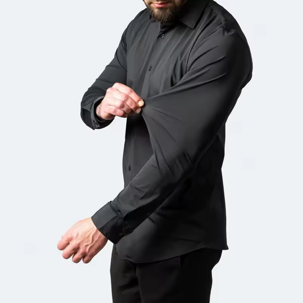 Camisa-Social-Lisa-Anti-Amasso-Calviori-Preto-Modelo-Tecido